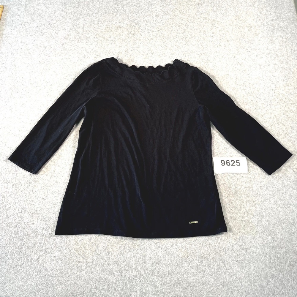 Anne Klein Blouse Top Womens Medium Black Cotton Stretch Scalloped Neck Casual
